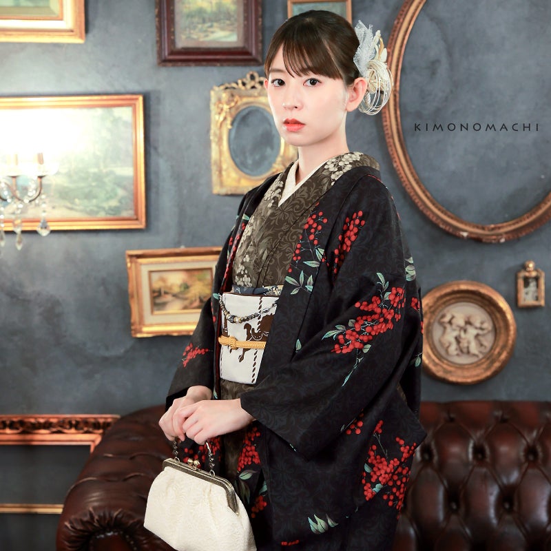KIMONOMACHI 可水洗和服6件套裝(袷和服+京袋帶+帶揚+帶締+羽織+羽織紐)