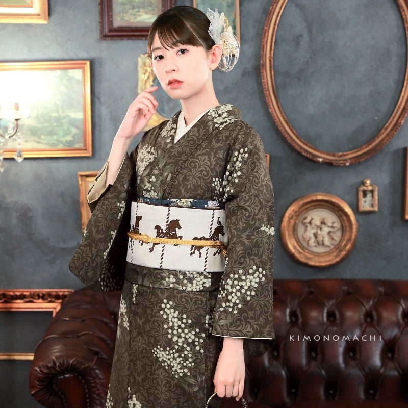 KIMONOMACHI 可水洗小紋和服四件套裝(袷和服+京袋帶+帶揚+帶緒)