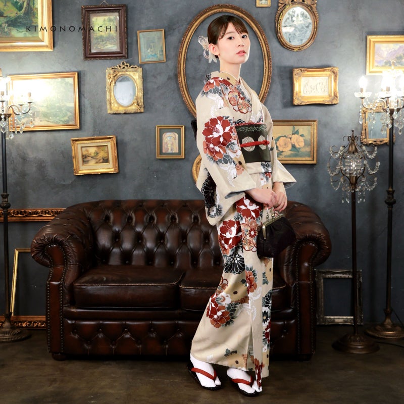 KIMONOMACHI 可水洗小紋和服四件套裝(袷和服+京袋帶+帶揚+帶緒)
